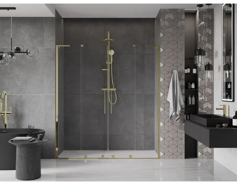 Mexen Velar L Duo, posuvné sprchové dvere do otvoru 170 cm, 8mm číre sklo, zlatá lesklá, 871-170-003-02-50