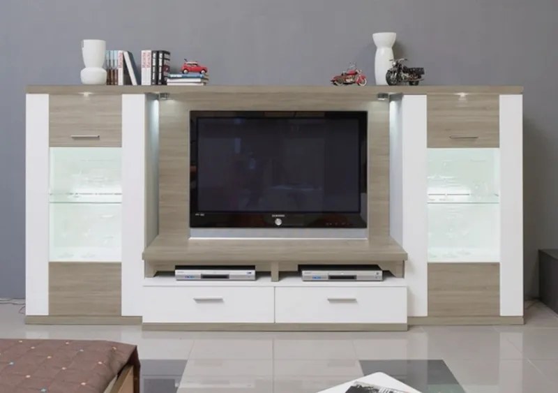 Obývacia stena Caracas Media, dub/biely lesk, s osvetlením