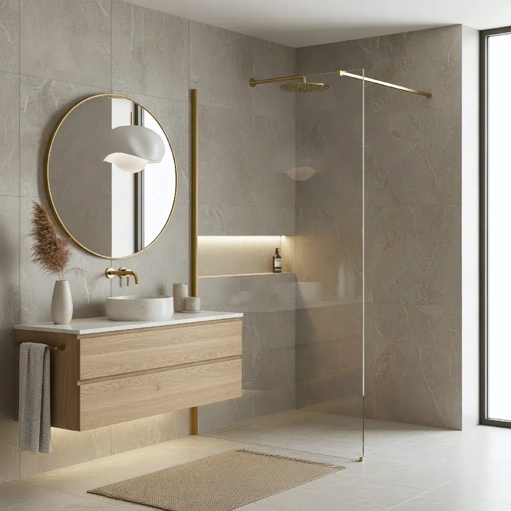 Bezrámová sprchová zastena REA FLEXI GOLD BRUSH 130 cm, zlatá kartáčovaná/transparent - bez vaničky