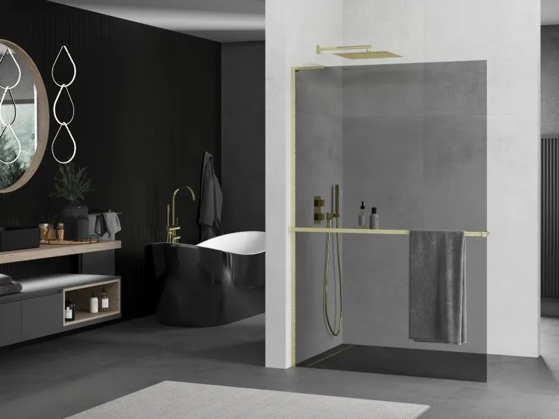 Mexen Kioto+ L, sprchová zástena Walk-In s poličkou a vešiakom 70 x 200 cm, 8mm šedé sklo, zlatý matný profil, 800-070-123-55-40
