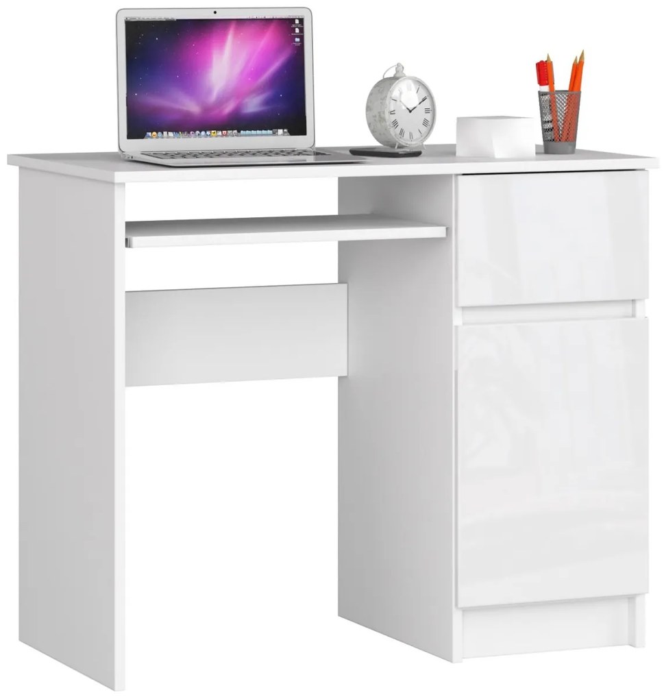 Písací stôl 90 cm Piksel biely pravý lesk