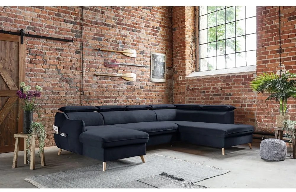 Tmavomodrá zamatová rozkladacia rohová pohovka do "U" (pravý roh) Sweet Harmony – Miuform