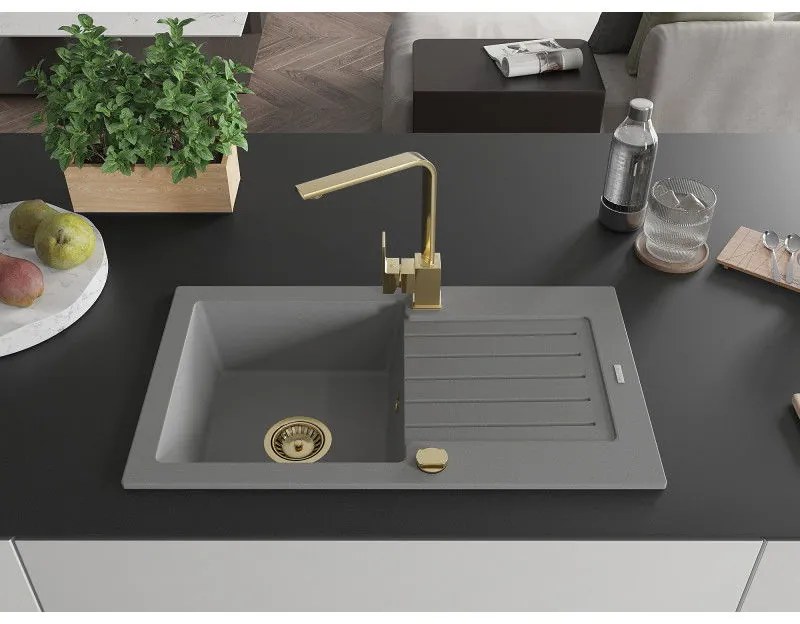 Mexen Pablo, granitový drez 752x436x161 mm, 1-komorový a zlatá batéria Rita, šedá, 6510-71-670300-50