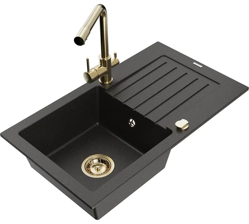 Mexen Pablo, granitový drez 752x436x161 mm, 1-komorový a zlatá batéria Duero, čierna - zlatá metalíza, 6510-75-671600-50