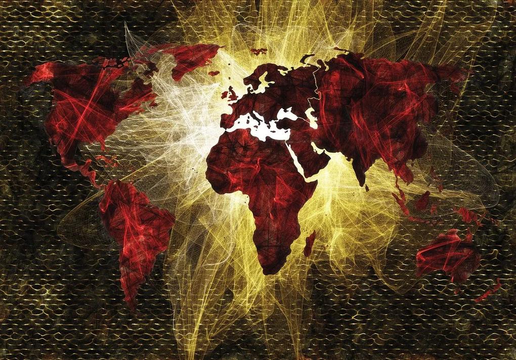 Fototapeta - Mapa sveta červené a zlaté svetlo (254x184 cm), 10 ďalších rozmerov