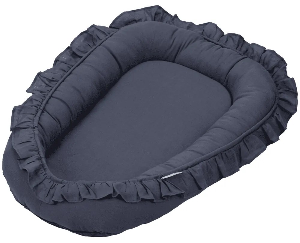 Lněné hnízdo pro miminko s volánem džínová