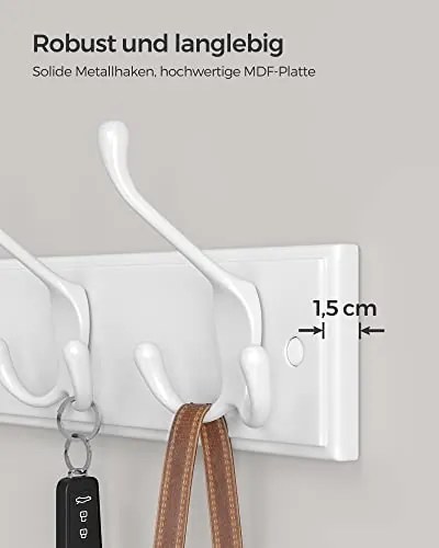 Nástenný vešiak so 4 trojháčikmi, biely, 11x40x7cm