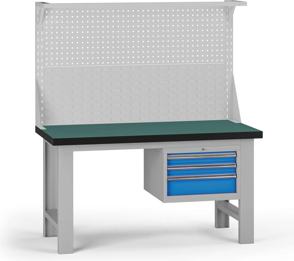 Pracovný stôl do dielne G8 s nadstavbou, 1500 x 750 x 800 mm, 1x kontejner, 3 zásuvky, modrá