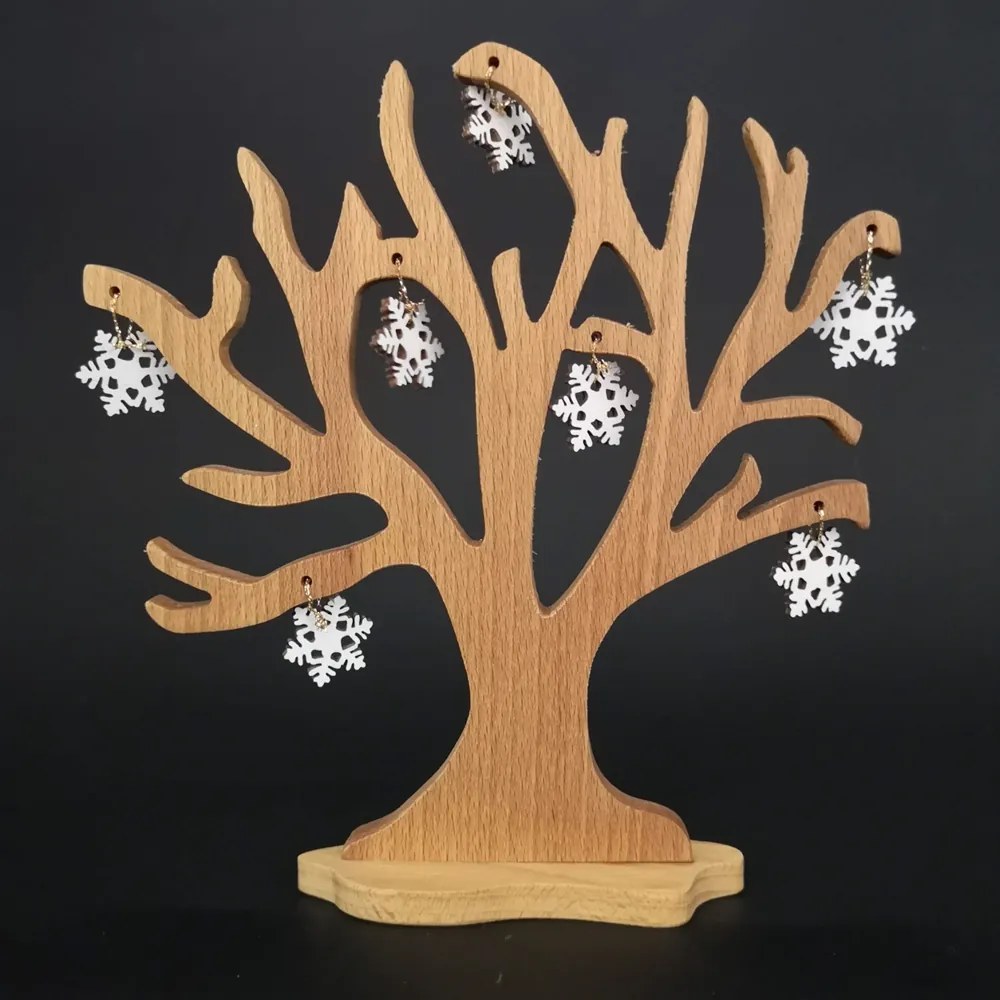 AMADEA Drevený 3D strom s vločkami, masívne drevo, výška 20 cm