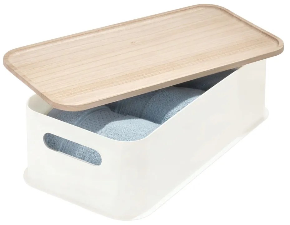 Biely úložný box s vekom z dreva paulownia iDesign Eco Handled, 21,3 x 43 cm