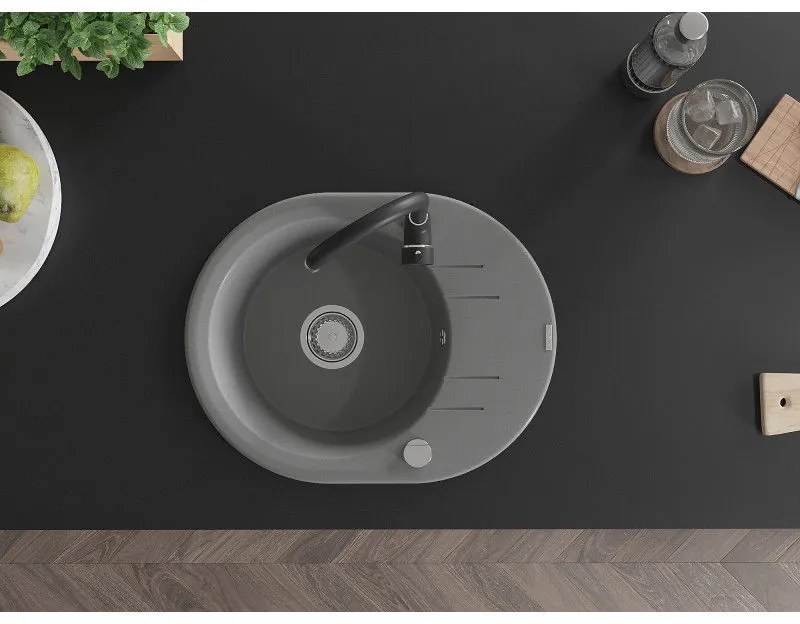 Mexen Kevin, drez granitový 586x458x190 mm, 1-komorový a čierna matná batéria Telma, šedá, 6517-71-670200-70