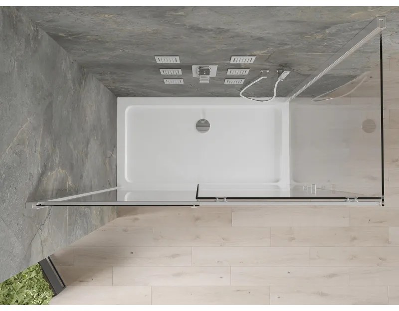 Mexen Omega, sprchovací kút s posuvnými dverami 140 (dvere) x 70 (stena) cm, 8mm číre sklo, chrómový profil + slim sprchová vanička 5cm, 825-140-070-01-00-4010
