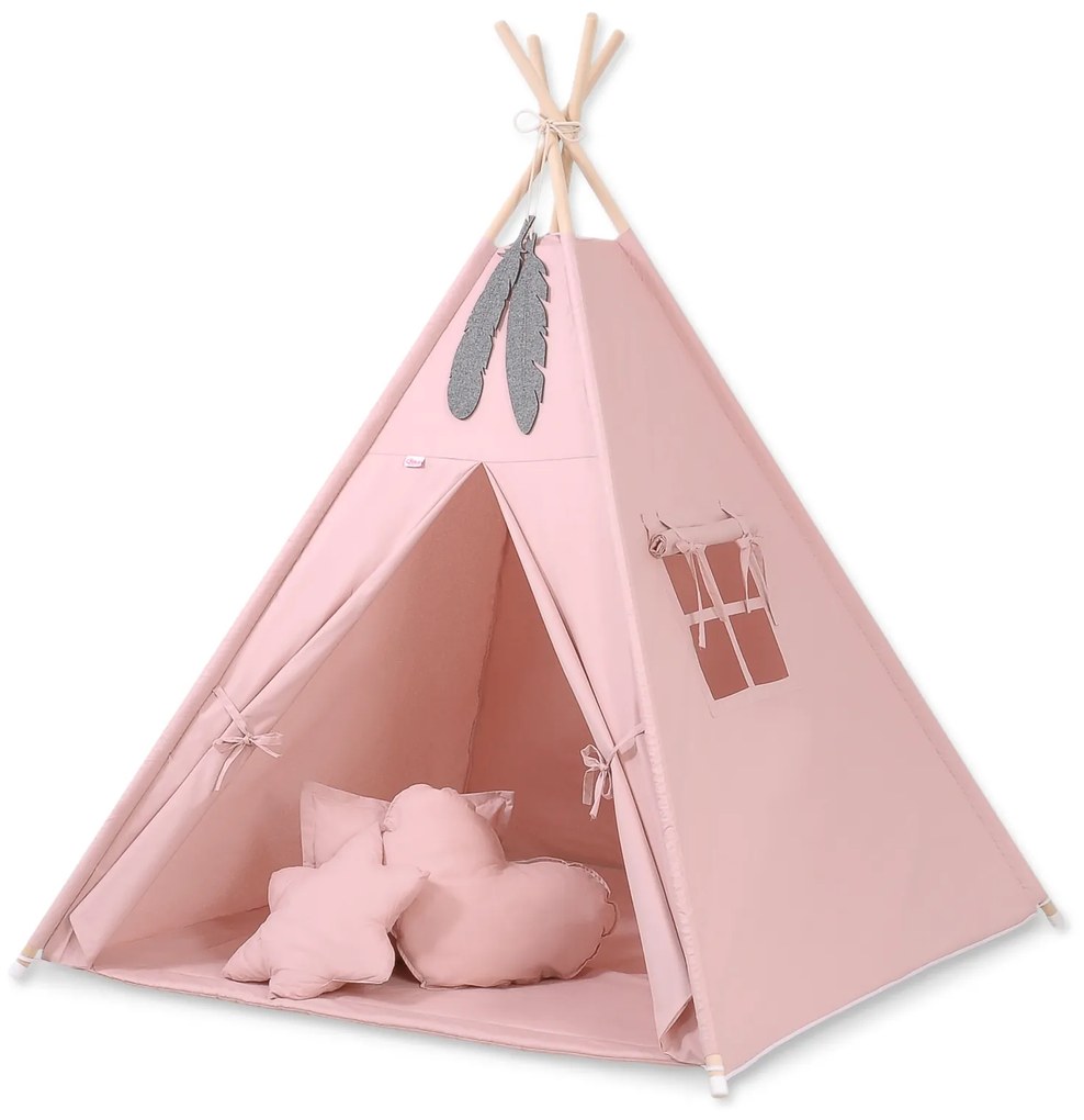 Bobono Stan Teepee pre deti + hracia podložka + vankúše + ozdobné perie - pastelovo ružová