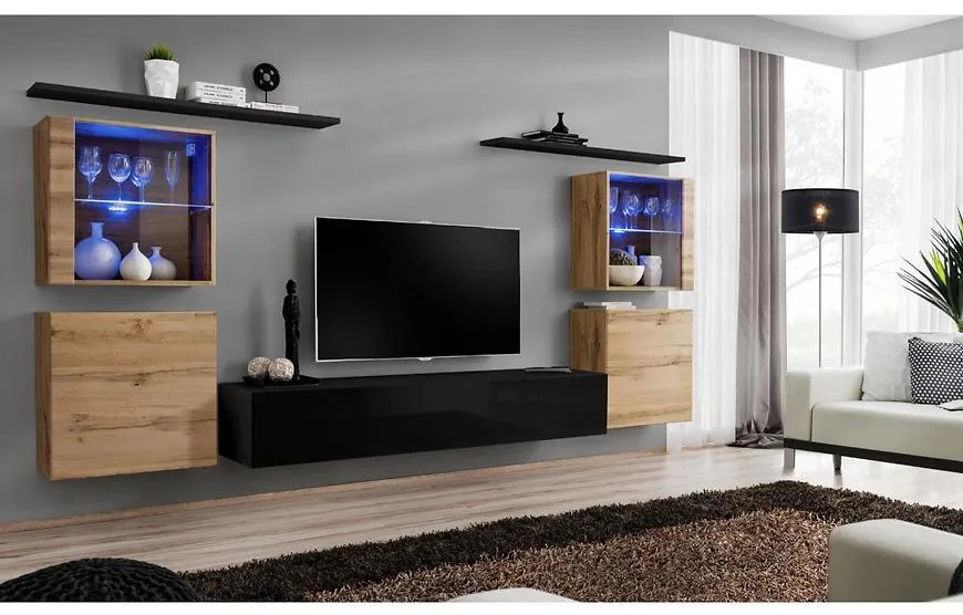 Obývacia stena Switch Sklo +LED XIV Wotan/čierna