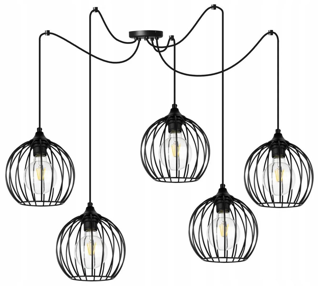 Závesné svietidlo Toronto Spider, 5x čierne drôtené tienidlo