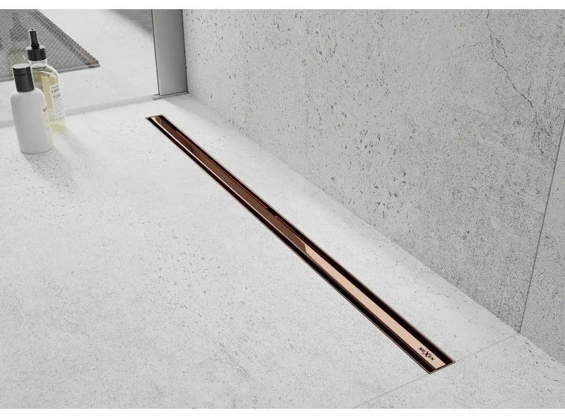 Mexen Flat nerezový sprchový žľab s rotačným 360° sifónom 60 cm, vzor SLIM, ružovo-zlatá, 1641060