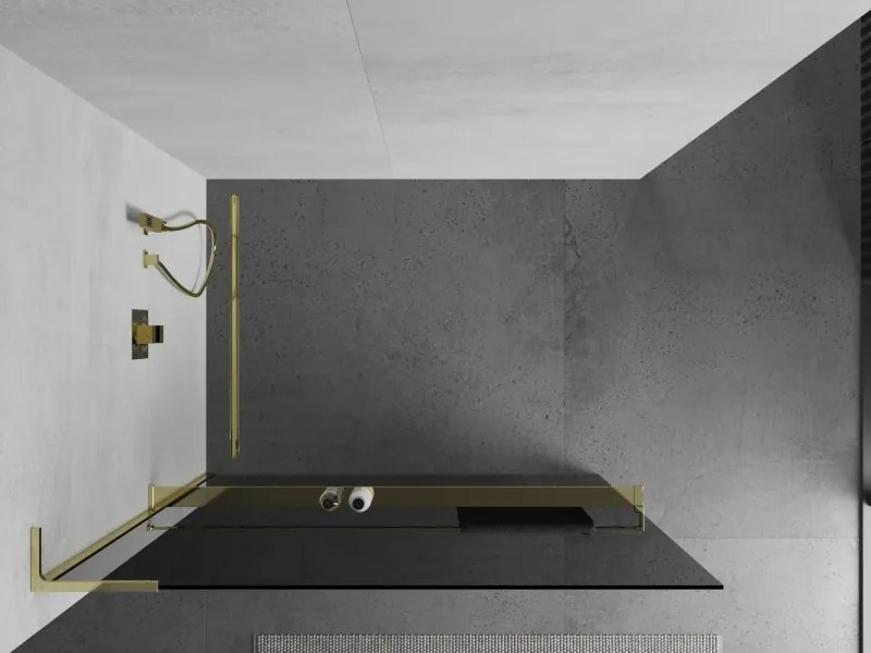 Mexen Kioto+ L, sprchová zástena Walk-In s poličkou a vešiakom 110 x 200 cm, 8mm šedé sklo, zlatý lesklý profil,800-110-123-50-40