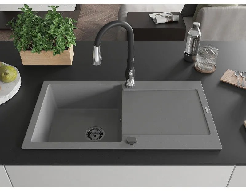 Mexen Leo, 1-komorový granitový drez 900x500x190 mm a drezová batéria Savita, šedá, 6501-71-672601-70-B