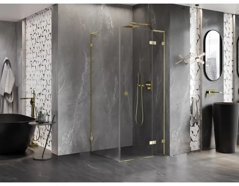 Mexen Lunar, L výklopný sprchový kút pravý 70 x 70 cm, 8mm číre sklo, zlatý profil, 834L-070-070-50-00-P