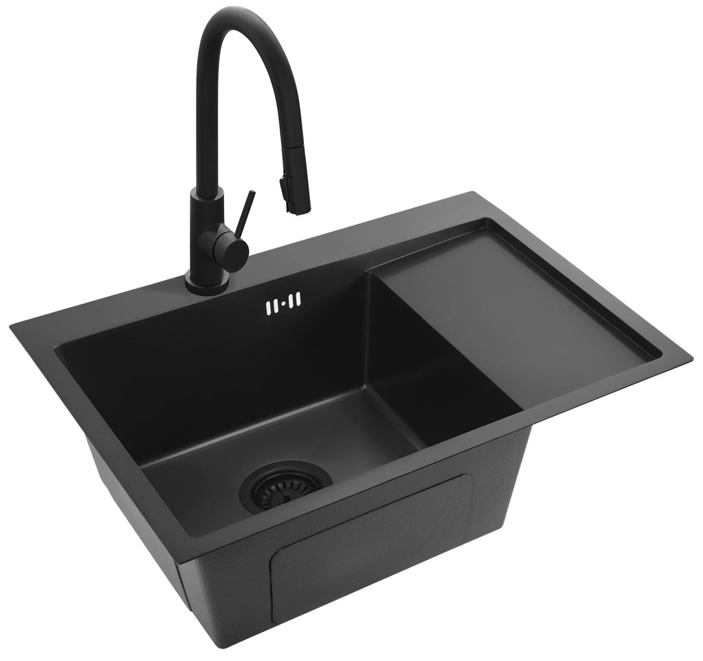 Rea Fin, 1-komorový oceľový drez 620x480x185 mm, čierna matná, ZLE-06014