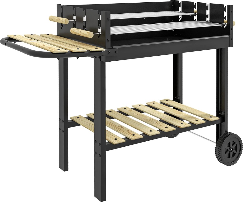 Outsunny Uhlový BBQ Gril s Nastaviteľným Dvojitým Grilom, 2 Kolesá a 2 Poličky, rozmer 113L x 53,5W x 82,5H cm Čierna | Aosom