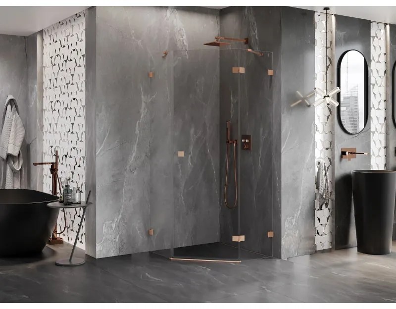 Mexen Lunar, výklopný päťuholníkový sprchový kút pravý 100 x 100 cm, 8mm číre sklo, profil medená matná, 831-100P-100L-65-00-P