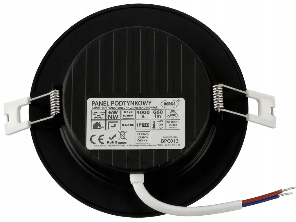BERGE LED panel zapustený okrúhly 6W - 660lm - 4000K - čierny