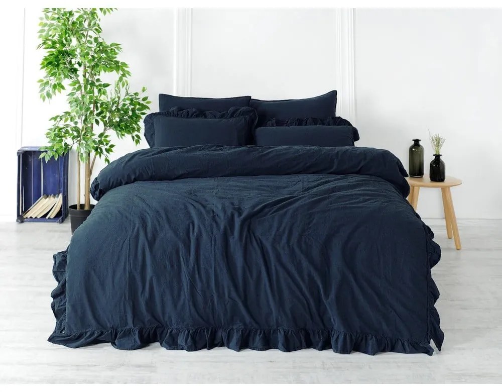 Tmavomodré obliečky na dvojlôžko/predĺžené z bavlny Renforcé 240x220 cm Ruffle Striped – Mila Home Luxury