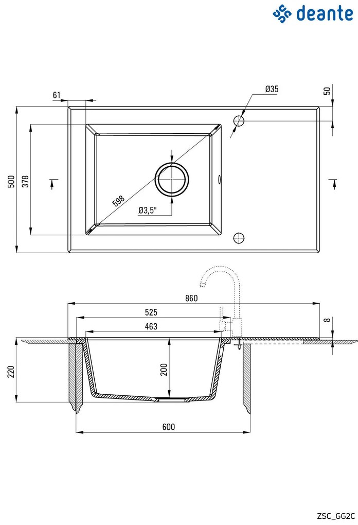 Deante Capella sklo-granitový drez 860x500x220 mm + priestorovo úsporný sifón, 1-komorový, platina - čierny vzor, ZSC_GP2C