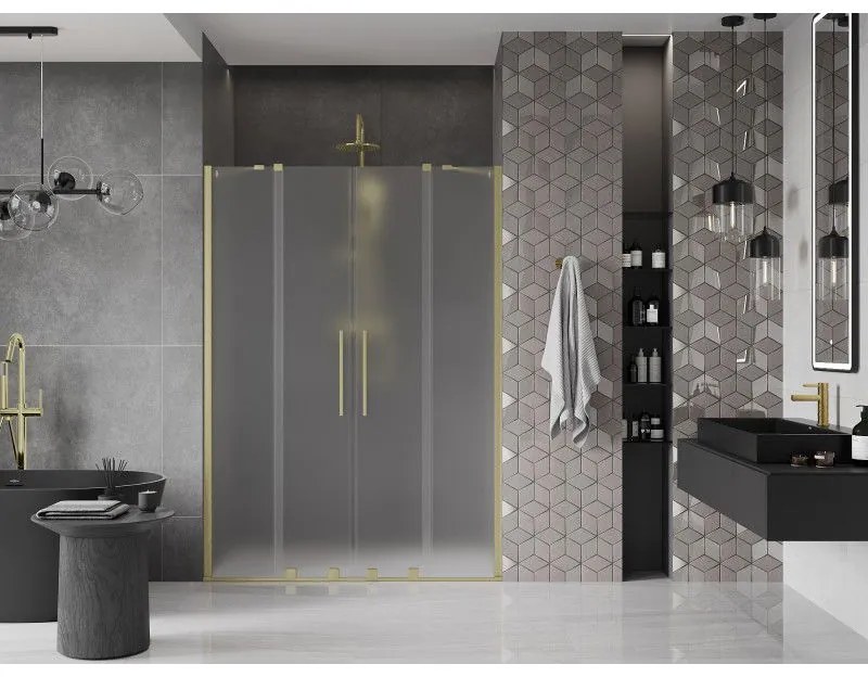 Mexen Velar Duo, posuvné sprchové dvere do otvoru 140 cm, 8mm sklo námraza, zlatá matná, 871-140-000-32-55