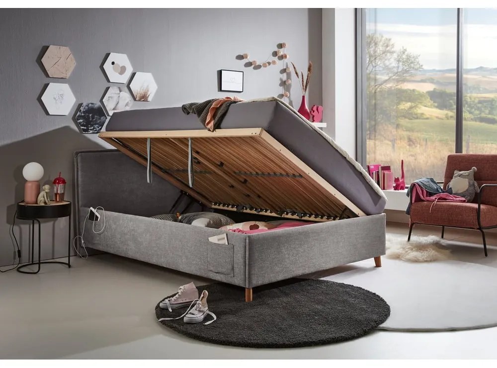 Sivá čalúnená detská posteľ s úložným priestorom s roštom 90x200 cm Fun – Meise Möbel