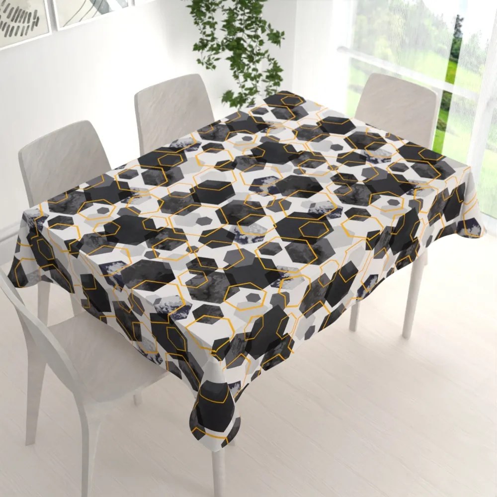 Biante Bavlnený obdĺžnikový obrus Sandra SA-568 Sivo-modrofialové mramorové hexagóny na bielom 140x180 cm