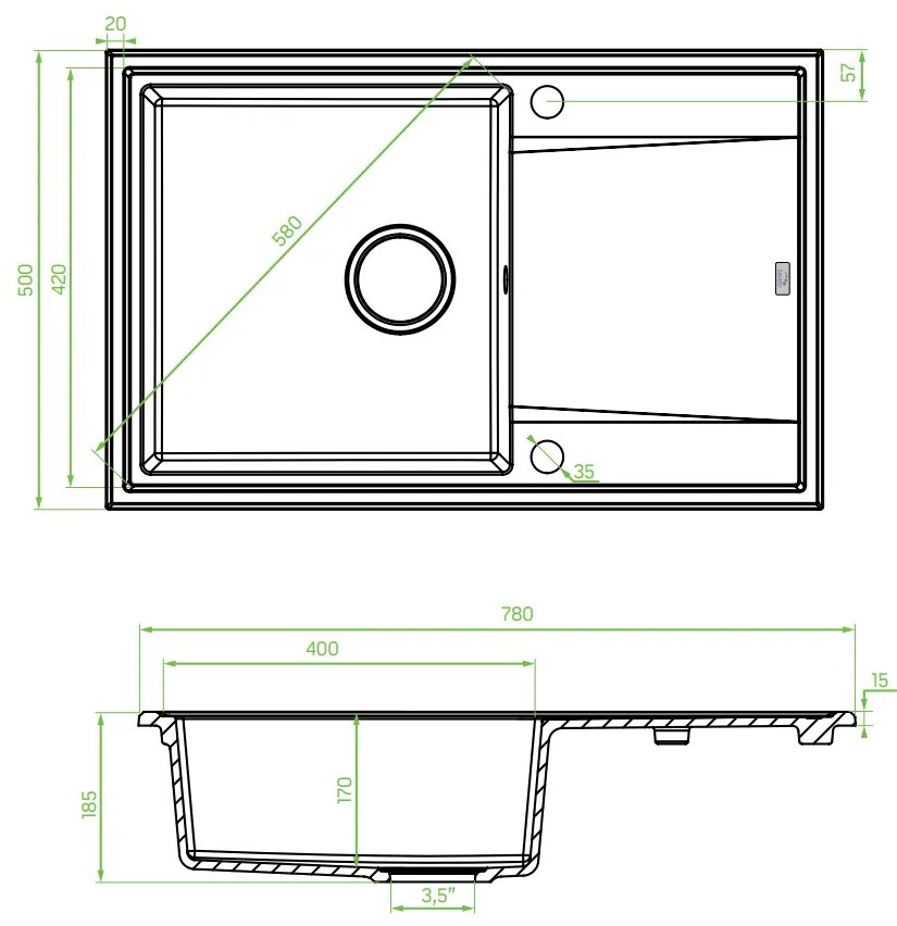 Laveo Megalo, 1-komorový granitový drez 780x500x185 mm + drezová batéria BKZ_468, béžová, LAV-SBEA411T