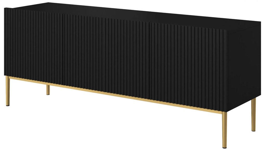 TV stolík Nicole 150 cm na kovových nohách so zásuvkou - čierny mat / zlaté nohy