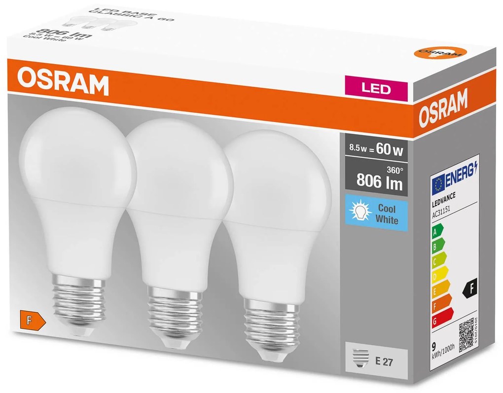 OSRAM LED žiarovka E27 Base CL A 8,5W matná 3