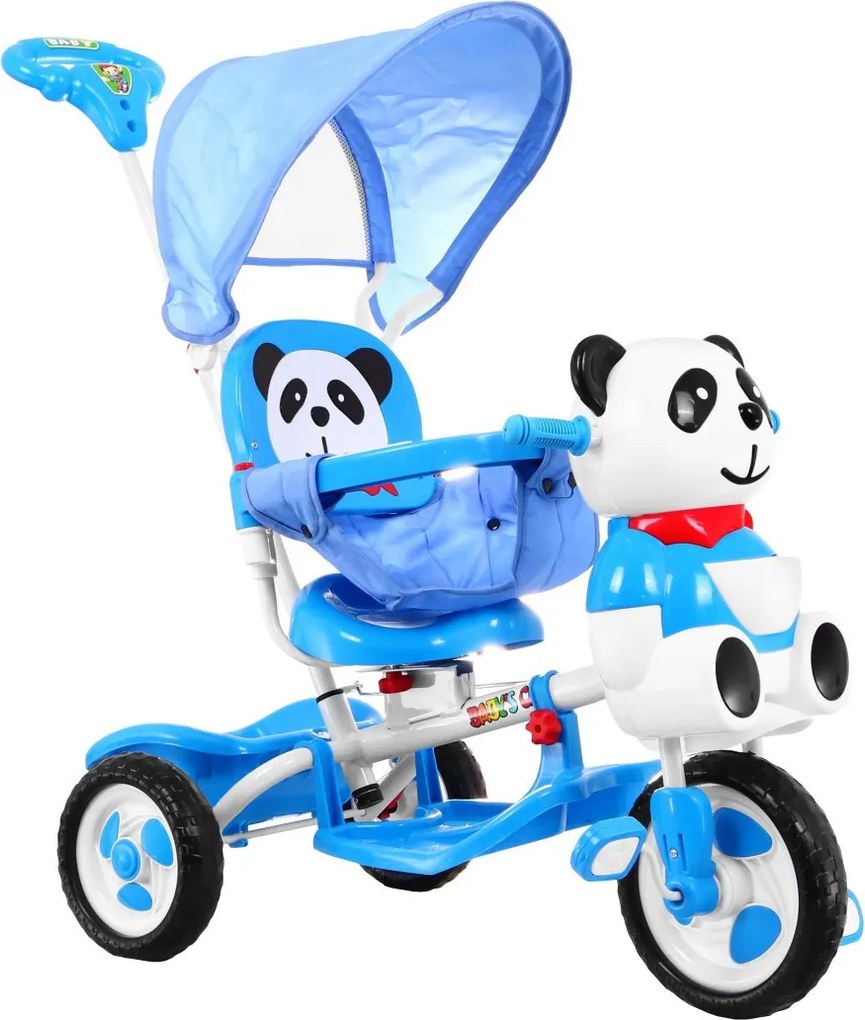 Ramiz Detský trojkolesový bicykel Panda Modrá + zvuky + strieška + zábrana + opierka na nohy + rukoväť + úložný priestor