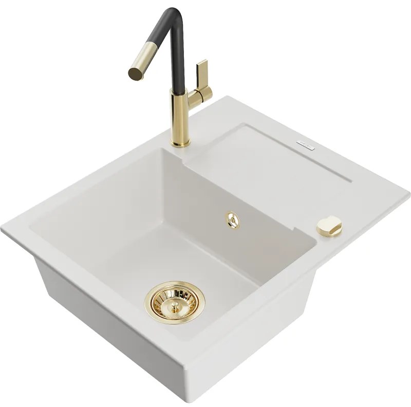 Mexen Enzo, 1-komorový granitový drez 576x465x174 mm a drezová batéria Flora, biela, 6506-20-670401-57-G