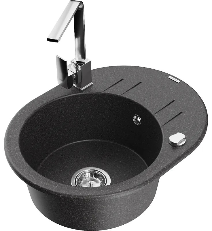 Mexen Kevin, drez granitový 586x458x190 mm, 1-komorový a chrómová batéria Rita, čierna škvrnitá, 6517-76-670300-00
