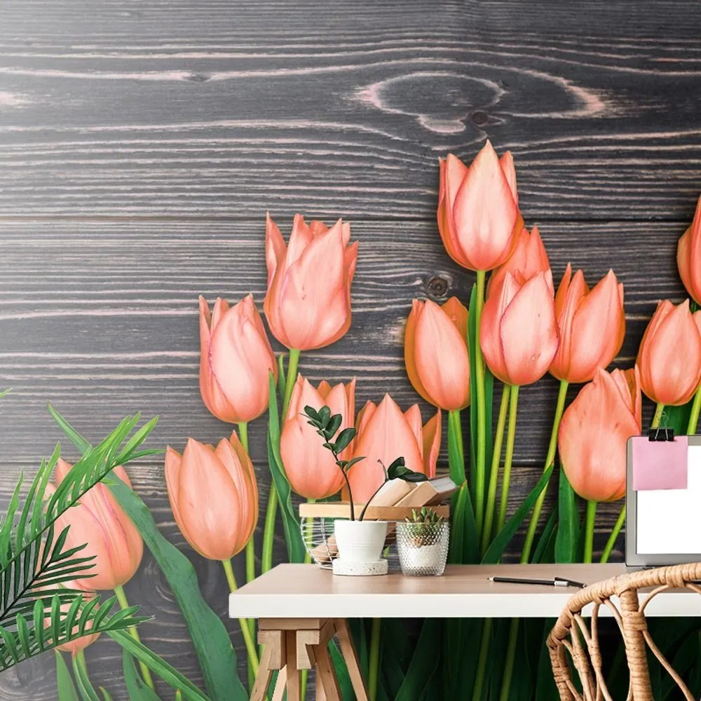 Fototapeta oranžové tulipány na drevenom podklade - 300x200