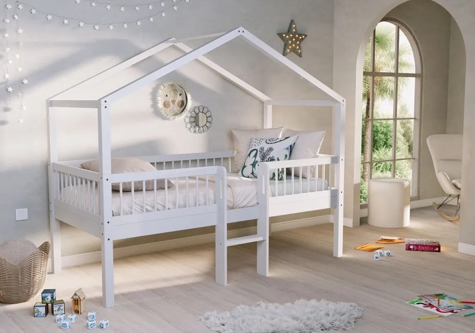 Domčeková posteľ pre deti s rebríkom Forrest biela bukové drevo 90x200cm