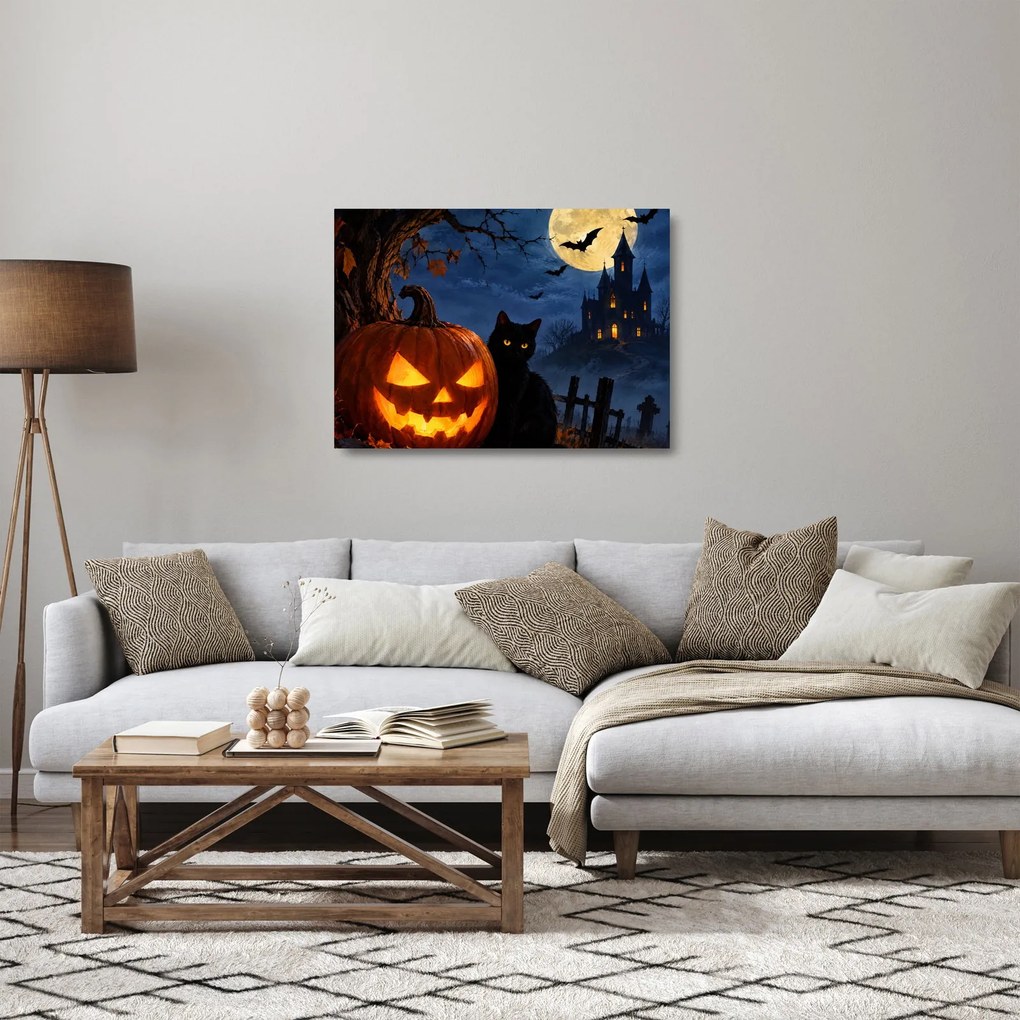 Sklenený obraz - Čierna mačka pri svietiacej tekvici na Halloween (70x50 cm)
