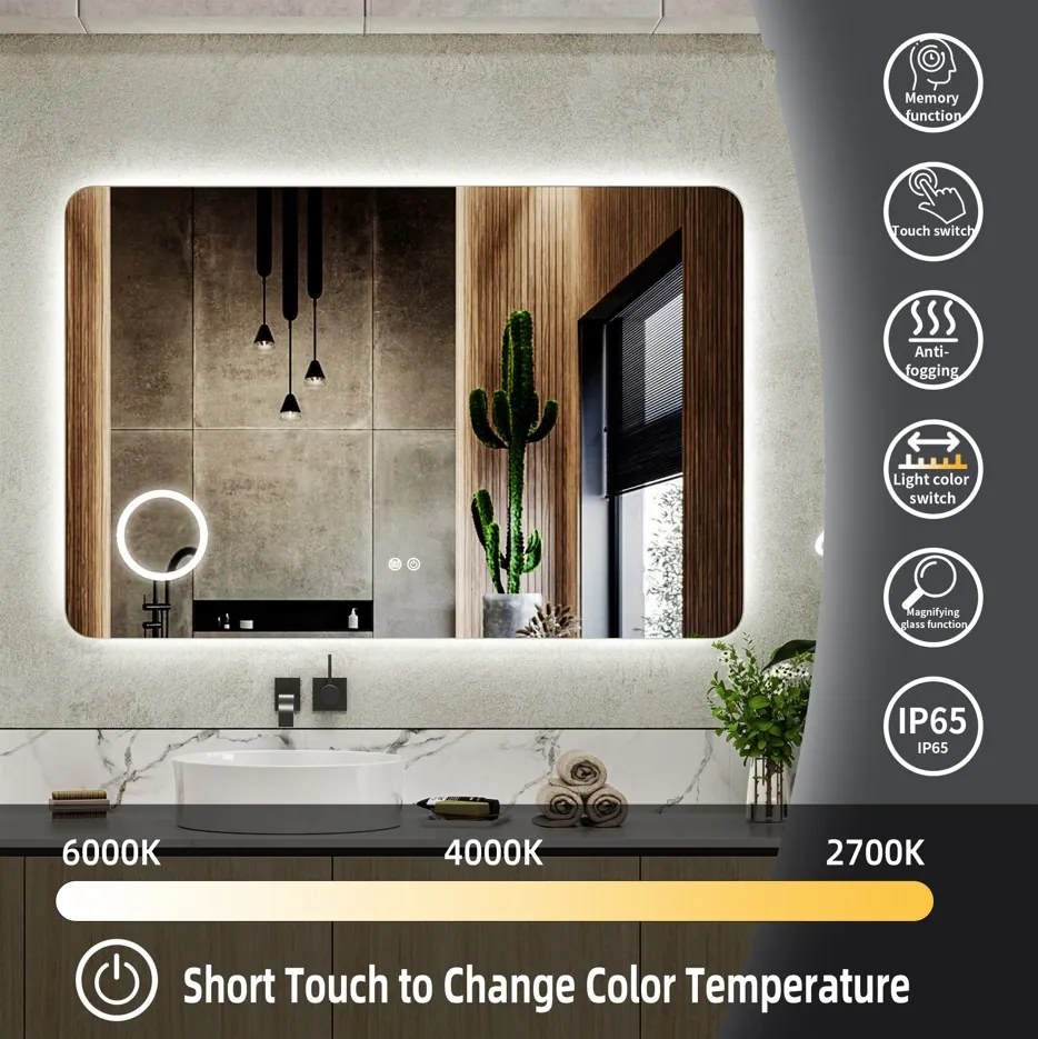 Erga Myra, LED zrkadlo 120x80 cm s kozmetickým zrkadlom 3x zväčšenie, 4598 lm, 3 farby svetla, zadné osvetlenie, ERG-V01-MYRA-1280-00