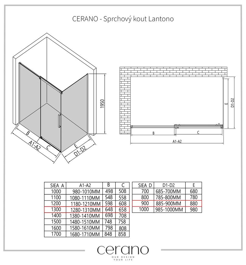 CERANO - Sprchovací kút Lantono L/P - 8 mm - čierna matná, grafitové sklo - 130x90 cm - posuvný, CER-CER-8050BD7525