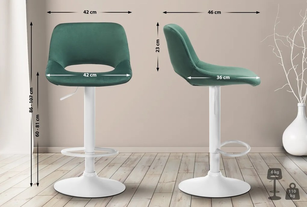 Barová stolička Camden - zamat, biely rám Zelená