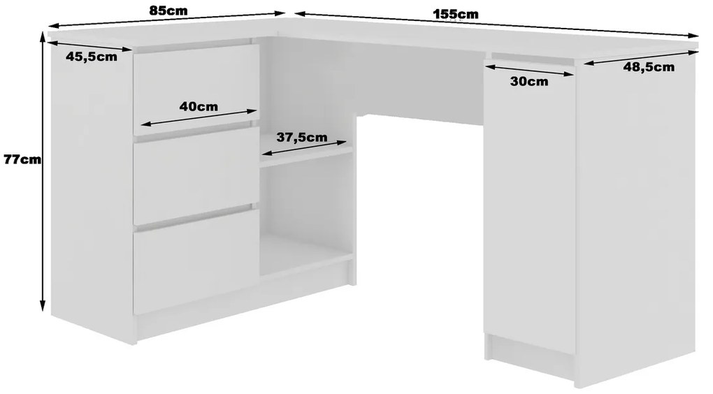 Písací stôl AKORD B20, 155x77x85/48,5, biela, ľavá