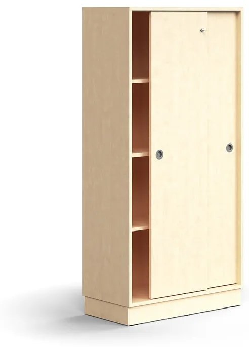 Skriňa s posuvnými dverami QBUS, 3 police, so soklom, s madlom, 1636x800x400 mm, breza