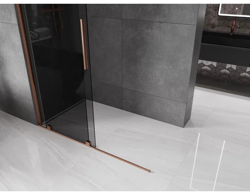 Mexen Velar, sprchová zástena s posuvnými dverami Walk-in 140 x 200 cm, 8mm šedé sklo, ružové zlato, 871-140-000-43-60