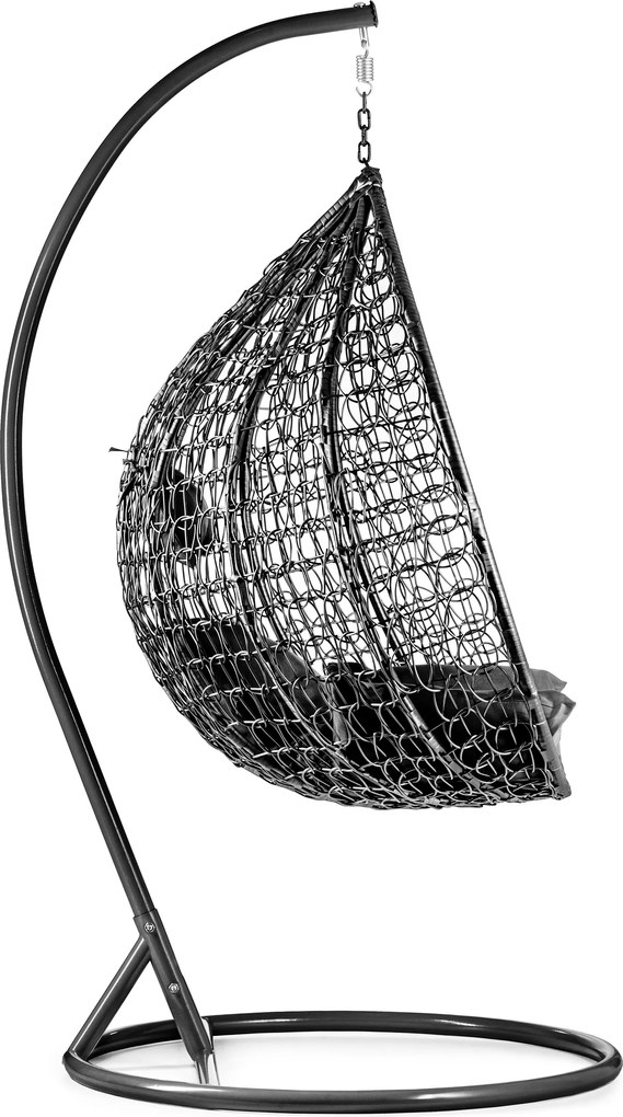 Čierne závesné kreslo KOKON so stojanom, sivý vankúš