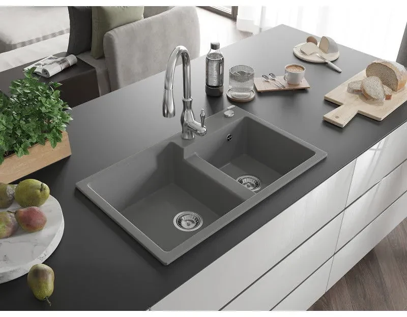Mexen Tomas, granitový drez 800x500x190 mm, 2-komorový a drezová batéria Savita, šedá, 6516-71-672601-00