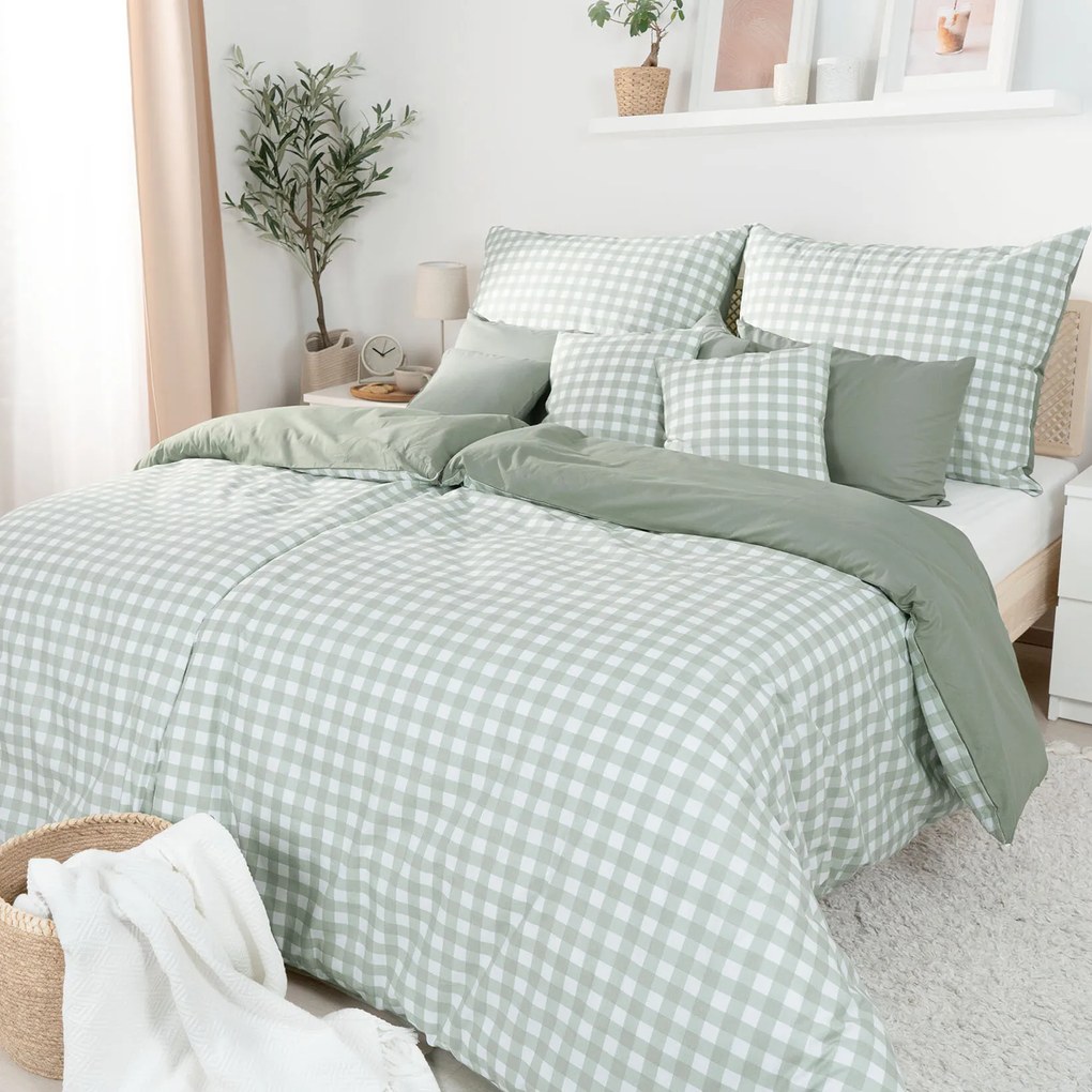 Goldea bavlnené posteľné obliečky duo - kocky so šalviovo zelenou 240 x 220 a 2ks 70 x 90 cm